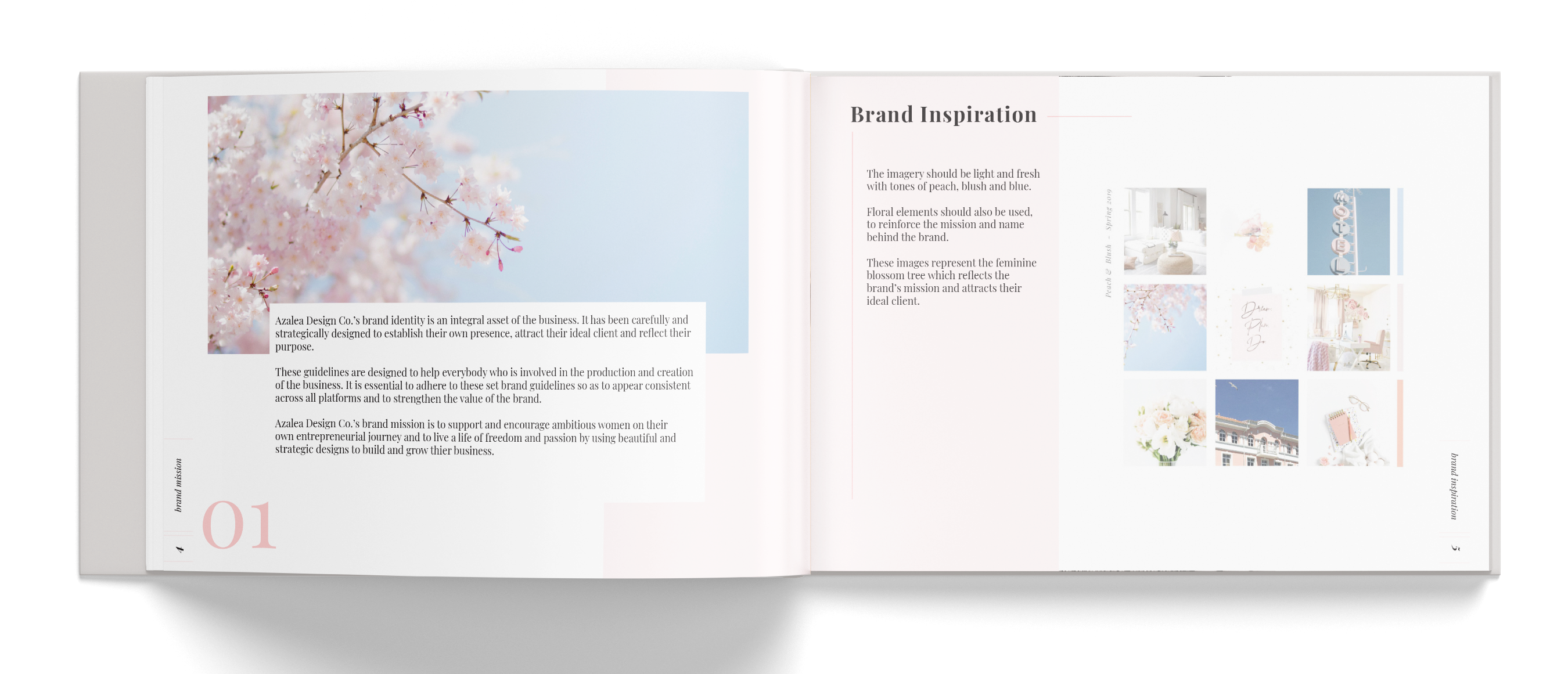 Open book showing Brand Guidelines - Brand mission & inspiration mood board