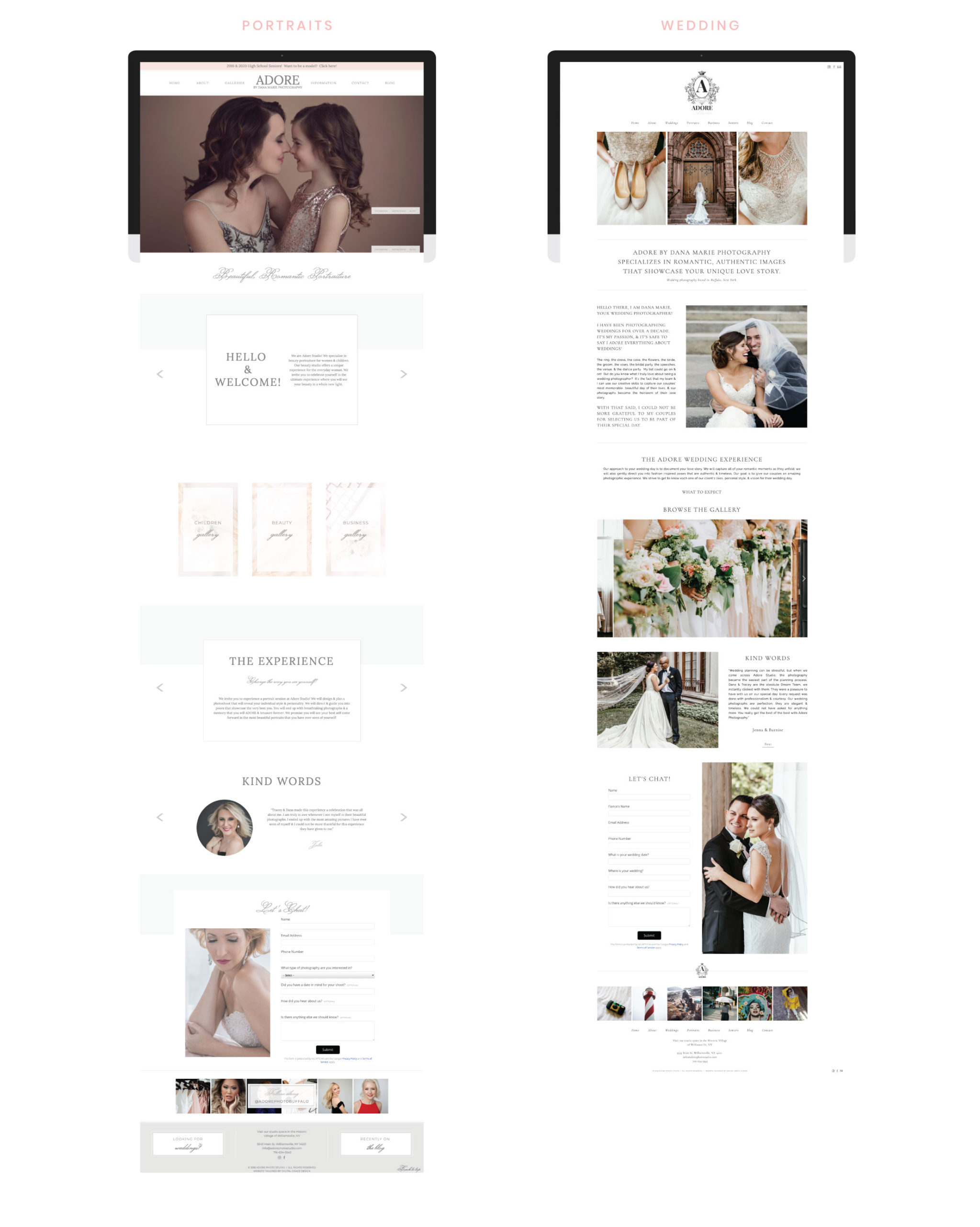 Showit Website Reveal - iMac mockup with Adore Photo Studio's website before including Portraits and wedding page