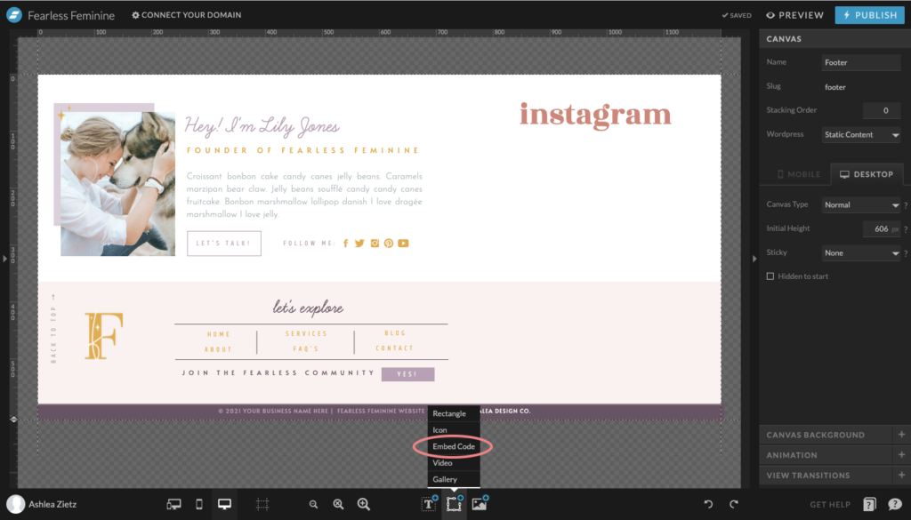 Click Embed Code on Showit - how to add Instagram grid to Showit
