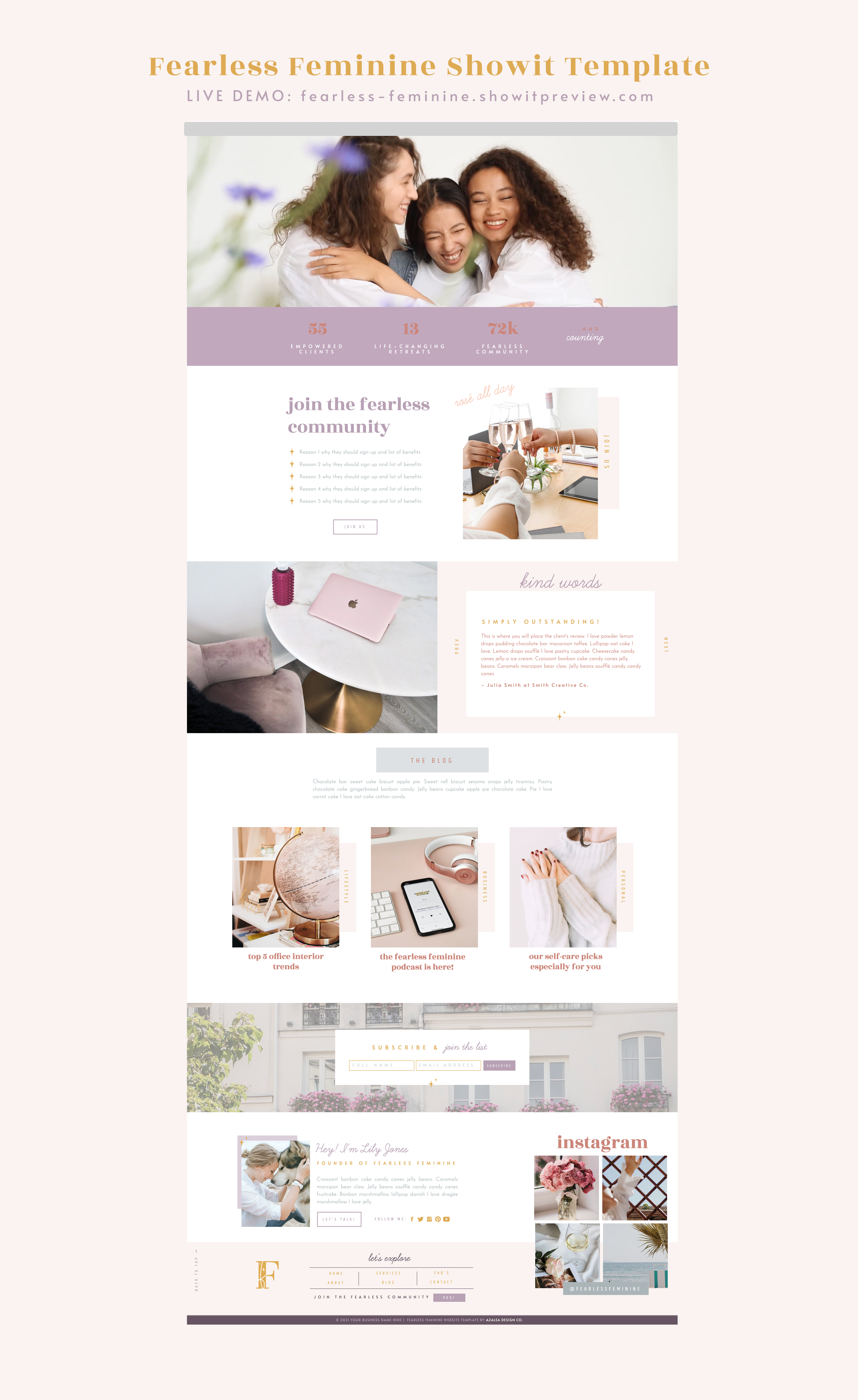 Screenshot of Home page of Fearless Feminine Template